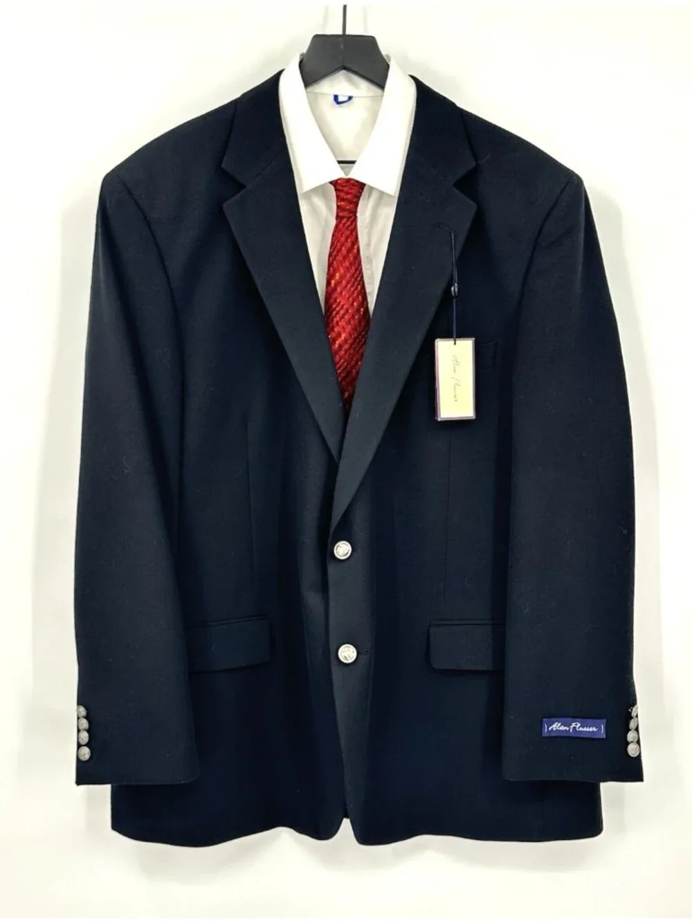 NEW ALAN FLUSSER black blazer 48R silver crest buttons executive sport coat